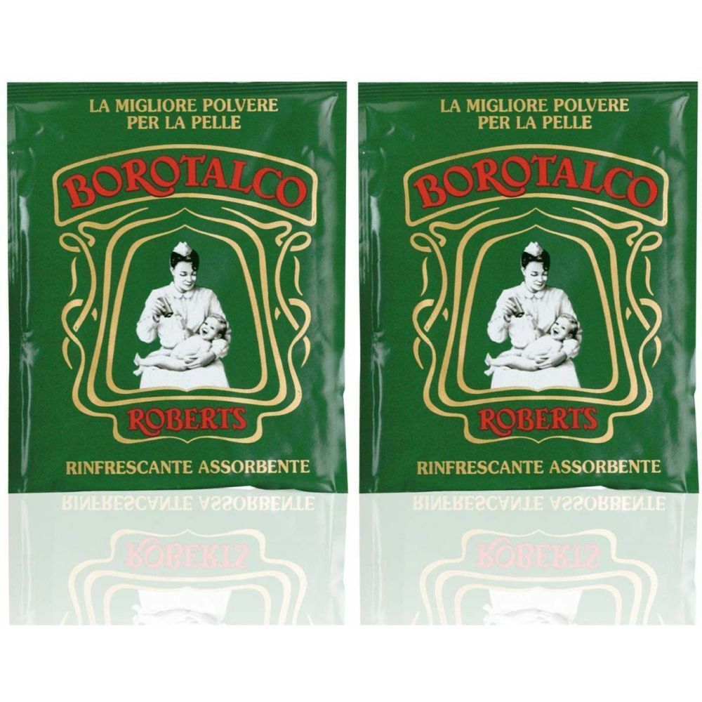 Deux sachets verts. Inscription BOROTALCO, ROBERTS. Image d'une femme et d'un bébé. Texte: RINFRESCANTE ASSORBENTE.