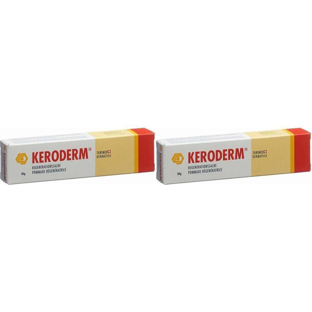 Deux boîtes rectangulaires. Inscription : KERODERM, pommade régénérante. Couleurs : blanc, jaune, rouge.