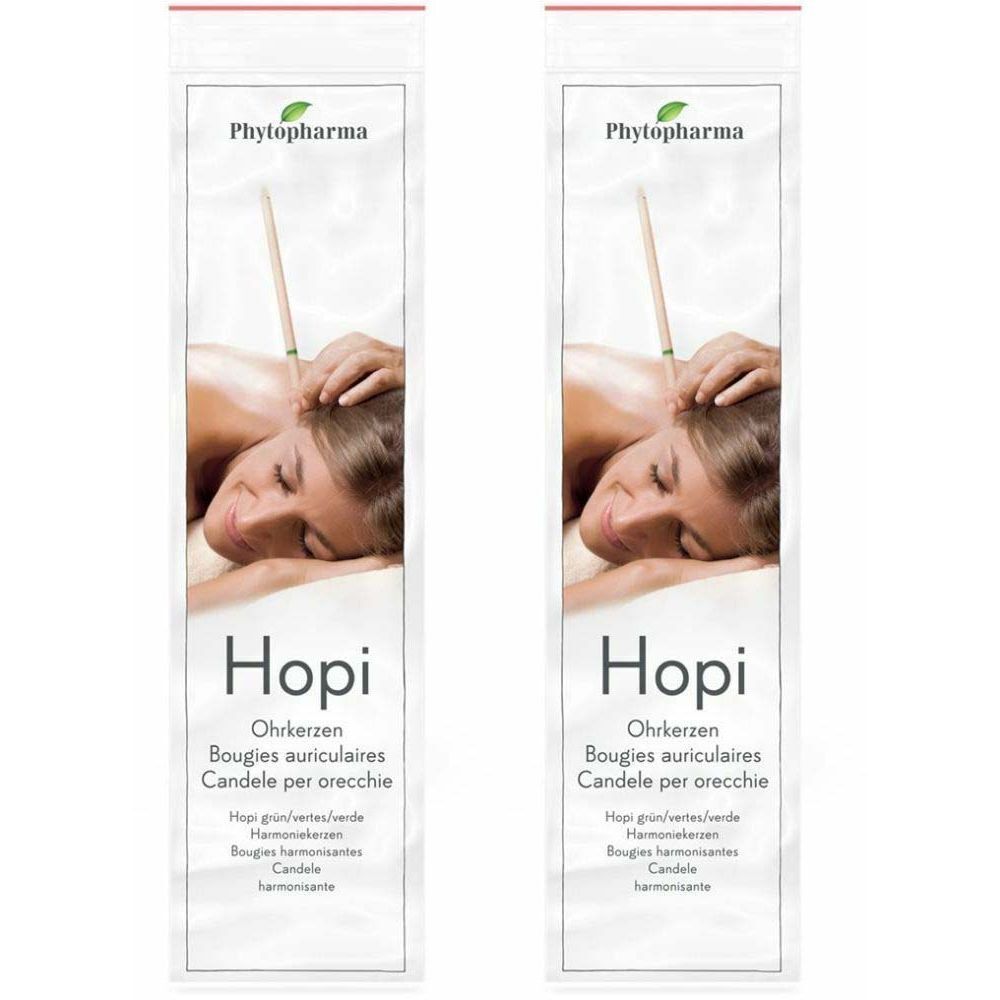 Deux emballages blancs avec des bougies auriculaires. Inscription : Hopi, Ohrkerzen, Phytopharma. Illustration d'une personne pendant l'utilisation.