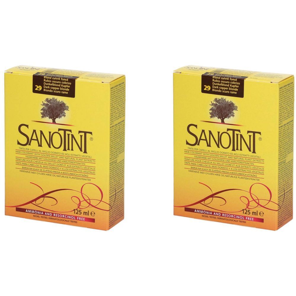 Deux boîtes de coloration capillaire SANOTINT. Emballage jaune avec nom du produit, logo arbre et désignation. 125 ml.