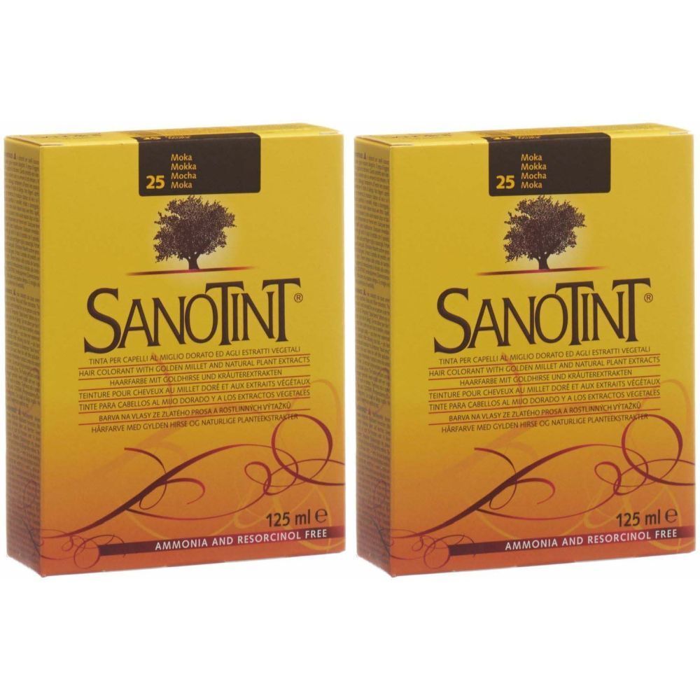 Deux boîtes jaunes SANOTINT Haarfarbe Mokka 25. Inscriptions : arbre, texte, 125 ml, « Sans ammoniaque et résorcinol ».