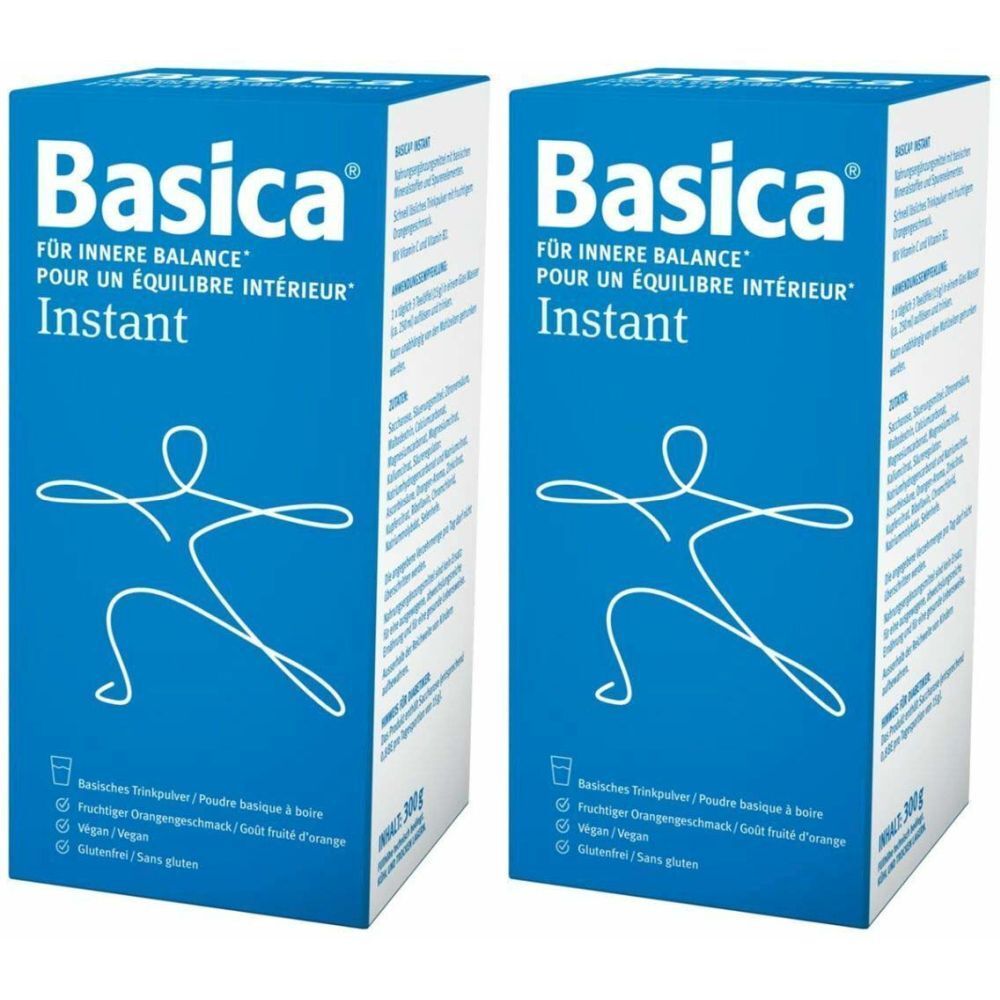 Deux boîtes bleues avec le logo "Basica" et le mot "Instant". Comprend un dessin d'un bonhomme allumette blanc et du texte en allemand et en français.