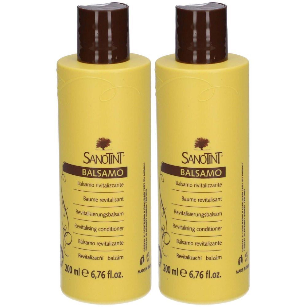 Deux flacons jaunes avec bouchons marron. Inscription SANOTINT BALSAMO, différentes langues. Contenance : 200 ml.