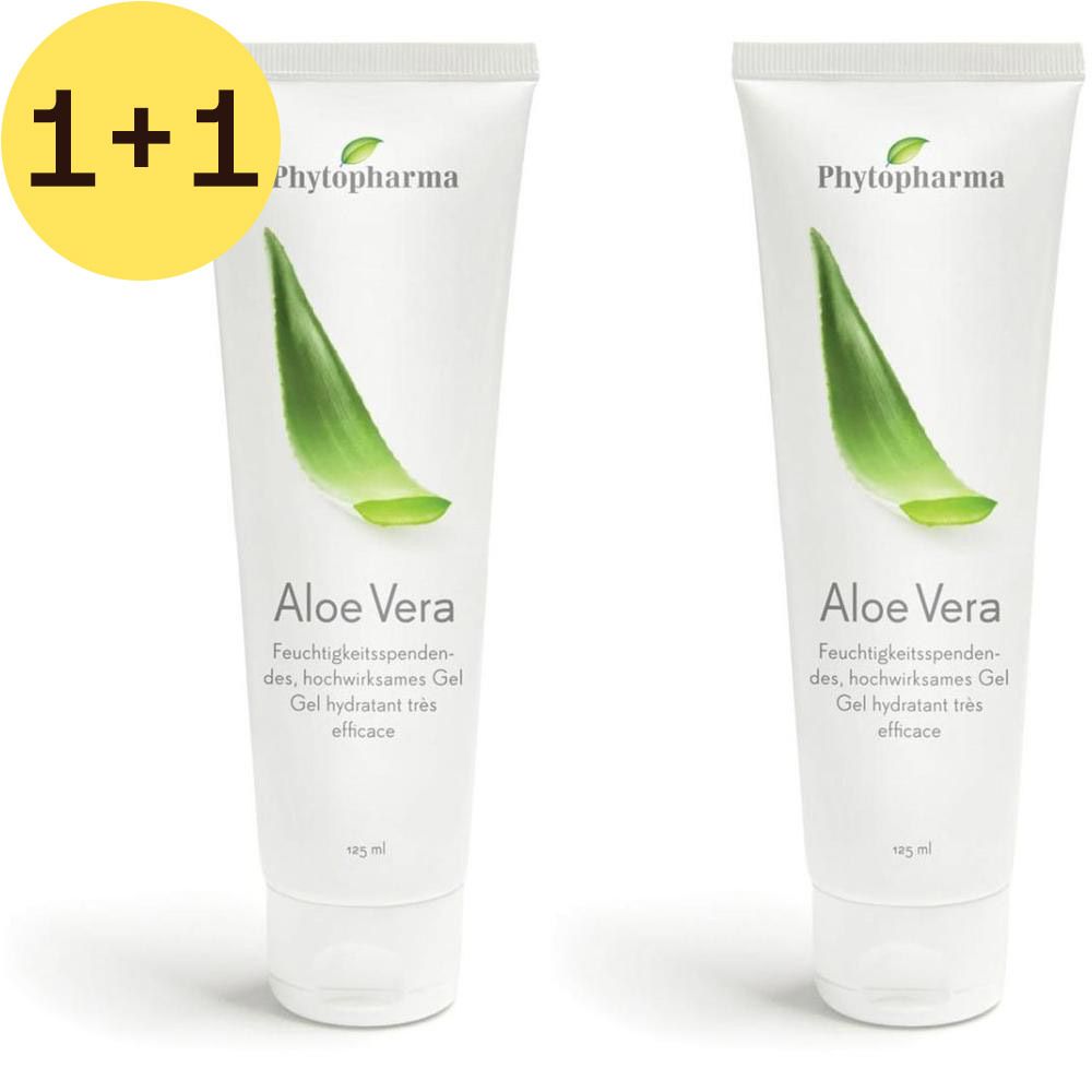 Deux tubes de gel Aloe Vera. Inscription: Phytopharma, Aloe Vera, Gel hydratant très efficace. Tube blanc avec illustration d'aloe vera verte.