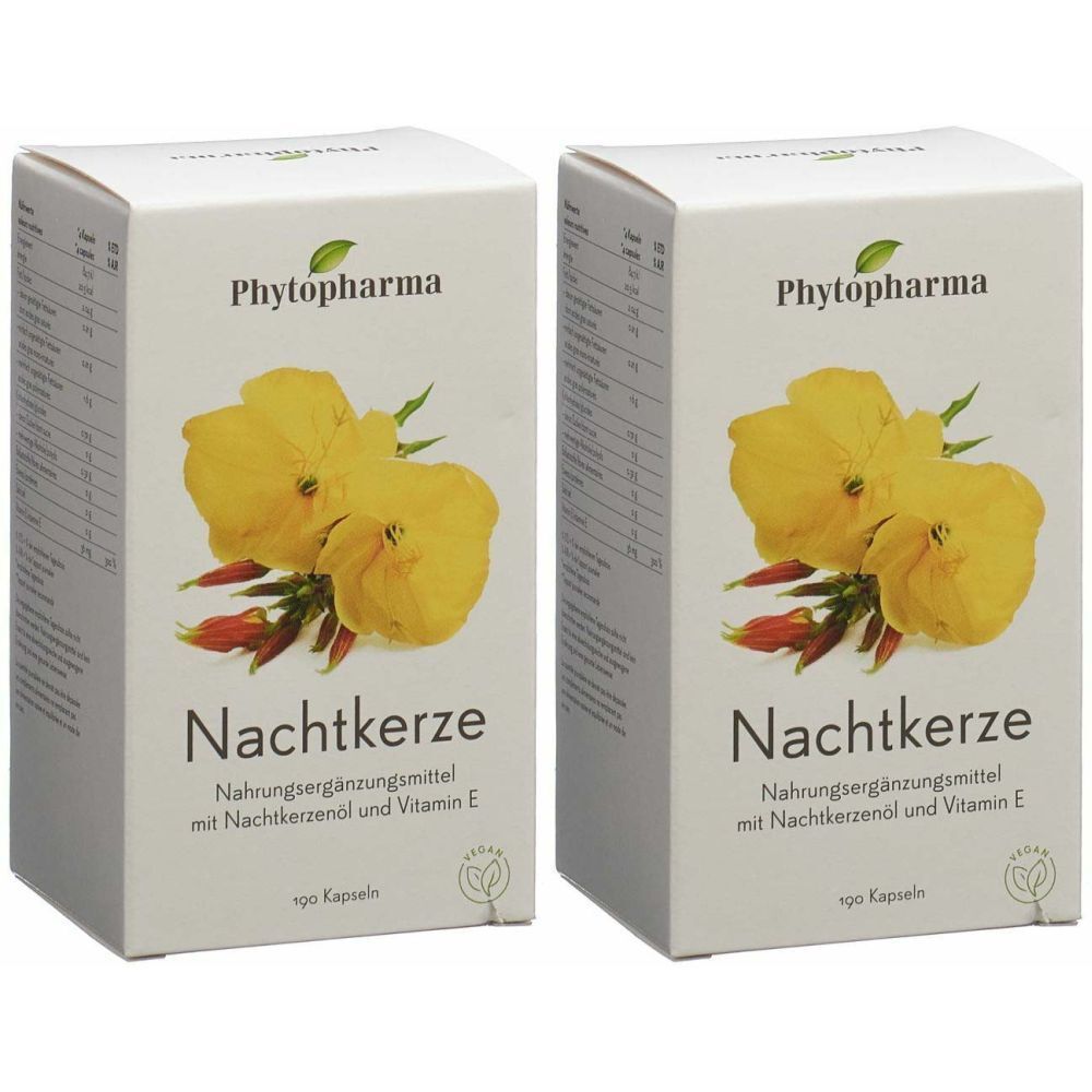 Deux boîtes blanches avec le nom du produit Nachtkerze, des fleurs jaunes et le logo Phytopharma. Texte : Complément alimentaire.