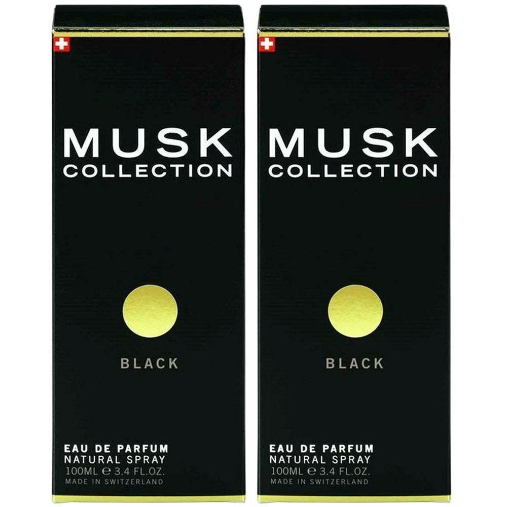 Deux boîtes de parfum noires. Inscription : MUSK COLLECTION, BLACK, Eau de Parfum Natural Spray. Fabriqué en Suisse.