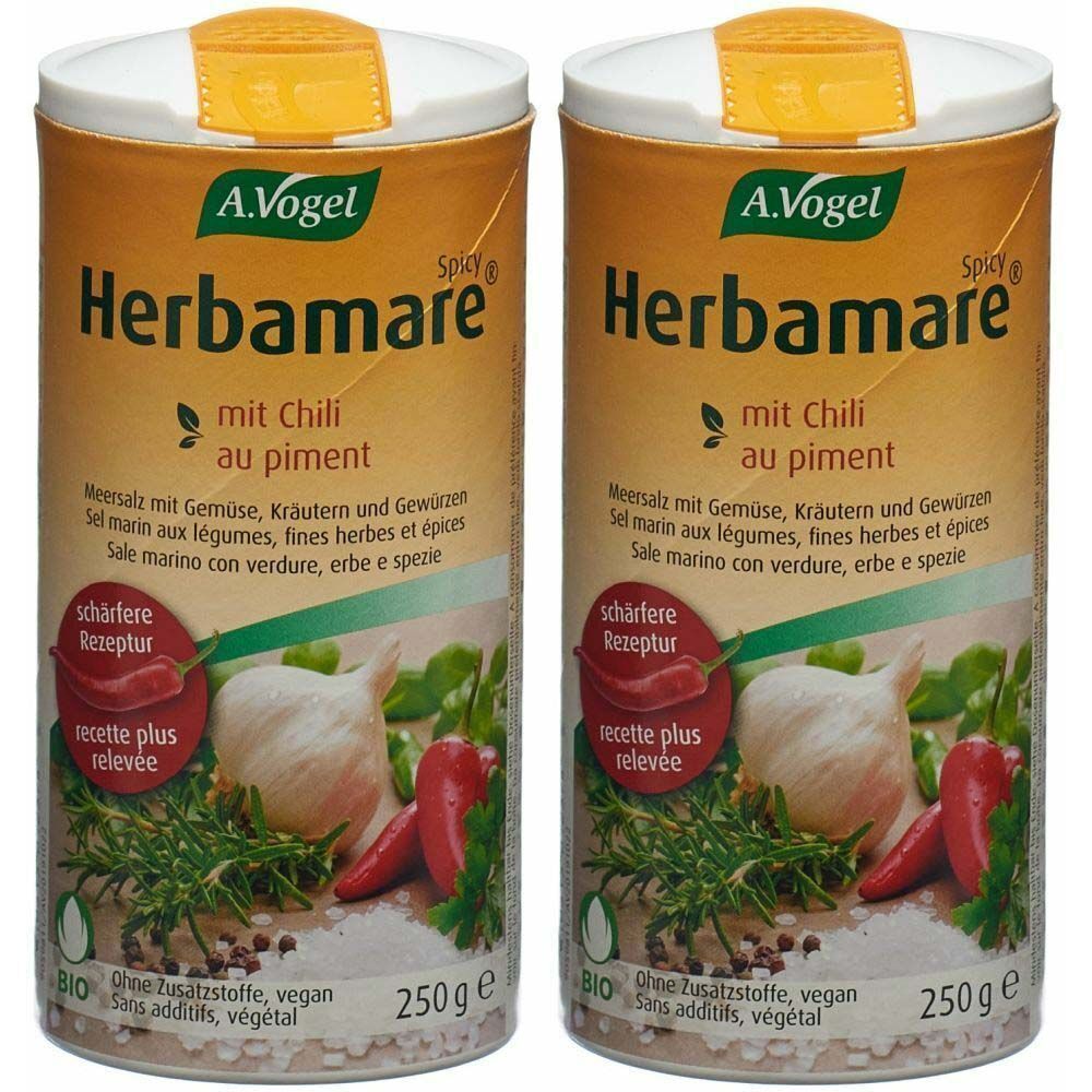 Deux boîtes de A.Vogel Herbamare au chili. Inscription: Sel marin aux légumes, fines herbes et épices. Label bio. 250g.
