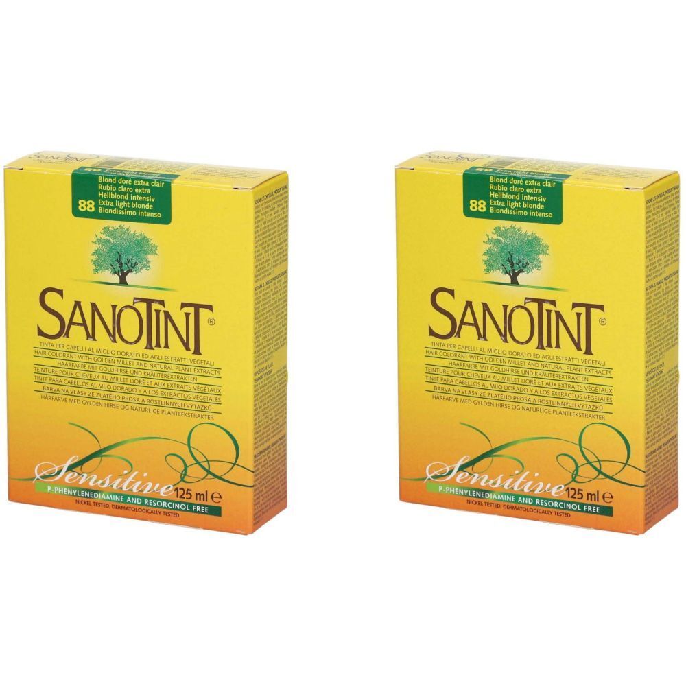Deux boîtes jaunes SANOTINT. Logo avec arbre, texte et mention Sensitive, 125 ml. Couleur 88 Goldblond extra clair.