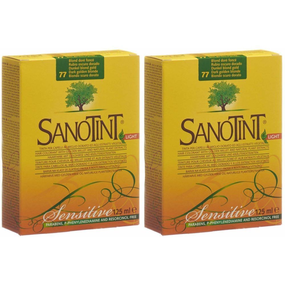 Deux boîtes jaunes. Inscription SANOTINT, Sensitive, blond foncé doré 77. Sans parabènes, P-phénylènediamine et résorcinol.