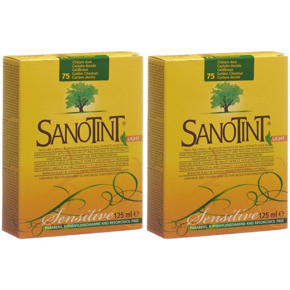 Deux boîtes jaunes SANOTINT Sensitive. Couleur: Châtain doré 75. Sans parabènes, phénylènediamine et résorcinol.