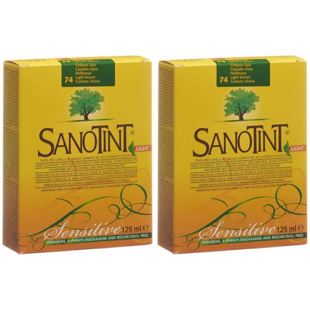 Deux boîtes jaunes SANOTINT Sensitive. Inscription: hellbraun 74. Logo arbre. 125 ml. Sans parabènes, PPD et résorcinol.