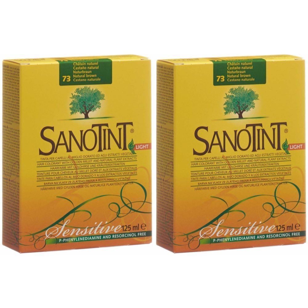 Deux boîtes jaunes SANOTINT Sensitive. Inscription: Brun naturel 73. Contient 125 ml. Sans P-phénylènediamine et résorcinol.