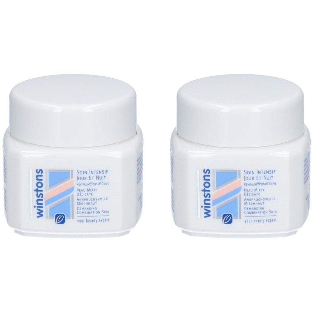 Deux pots blancs avec couvercles. Sur le devant, le mot "winstons" et des informations sur le produit. Inscription : "Soin Intensif Jour et Nuit".