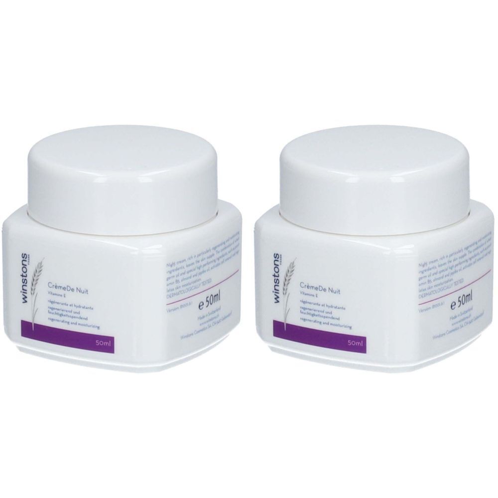 Deux pots blancs avec couvercles. Inscription : Winstons, Crème de Nuit, Vitamine E, 50ml.