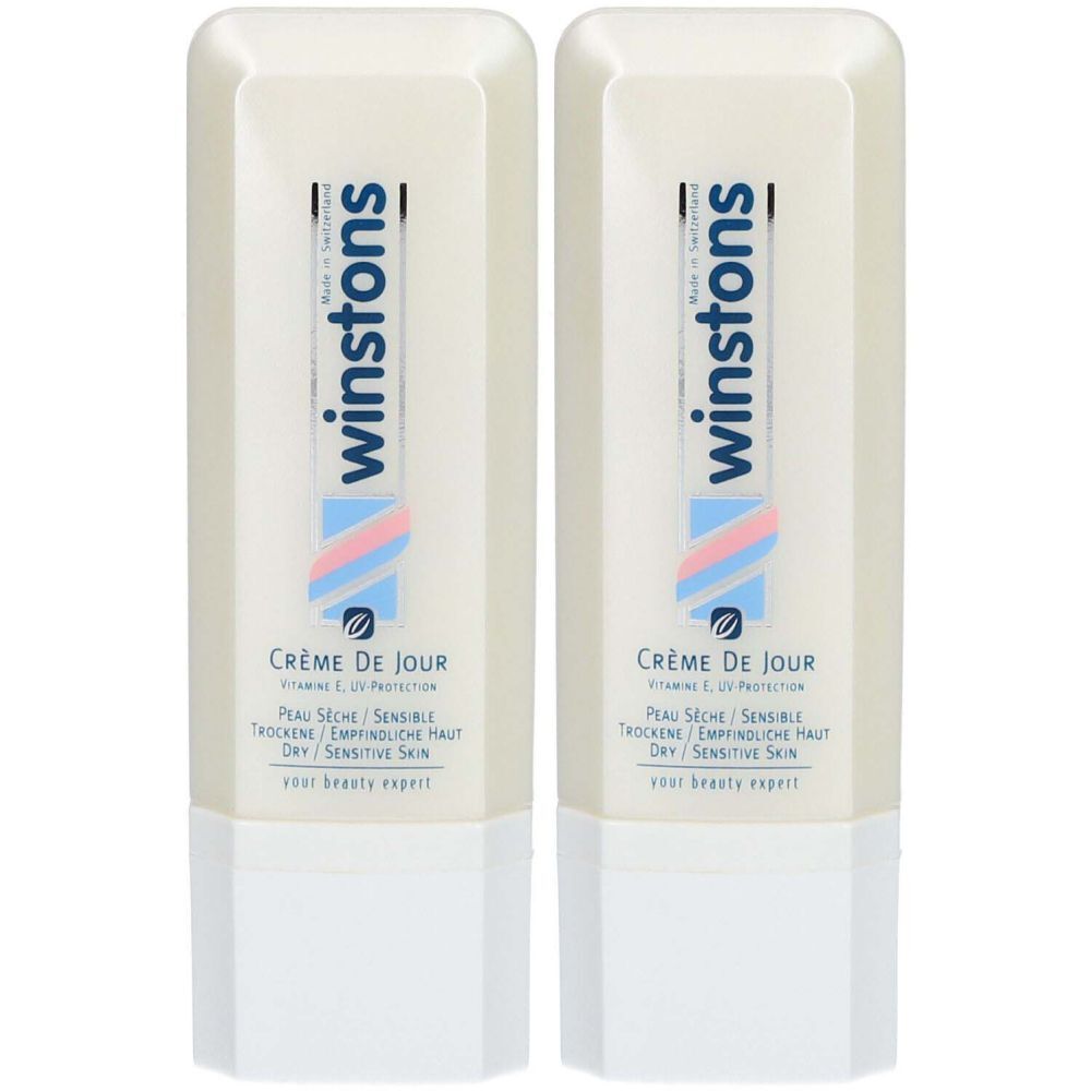 Deux flacons crème. Inscription: winstons, Crème de Jour, pour peaux sèches/sensibles. Protection UV. Bouchon blanc.
