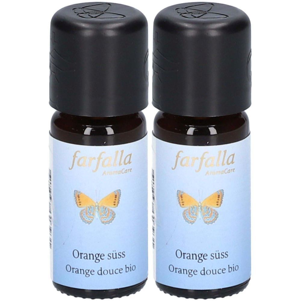 Deux petites bouteilles en verre avec bouchon noir. Sur l'étiquette bleue : farfalla, papillon, Orange douce bio.
