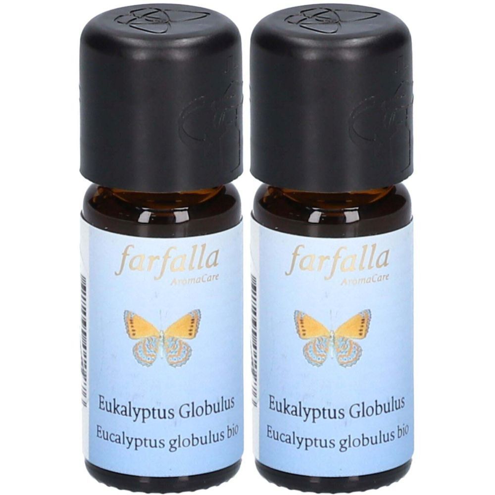 Deux petites bouteilles en verre brun avec des bouchons noirs. Les étiquettes indiquent "farfalla" et "Eucalyptus Globulus".