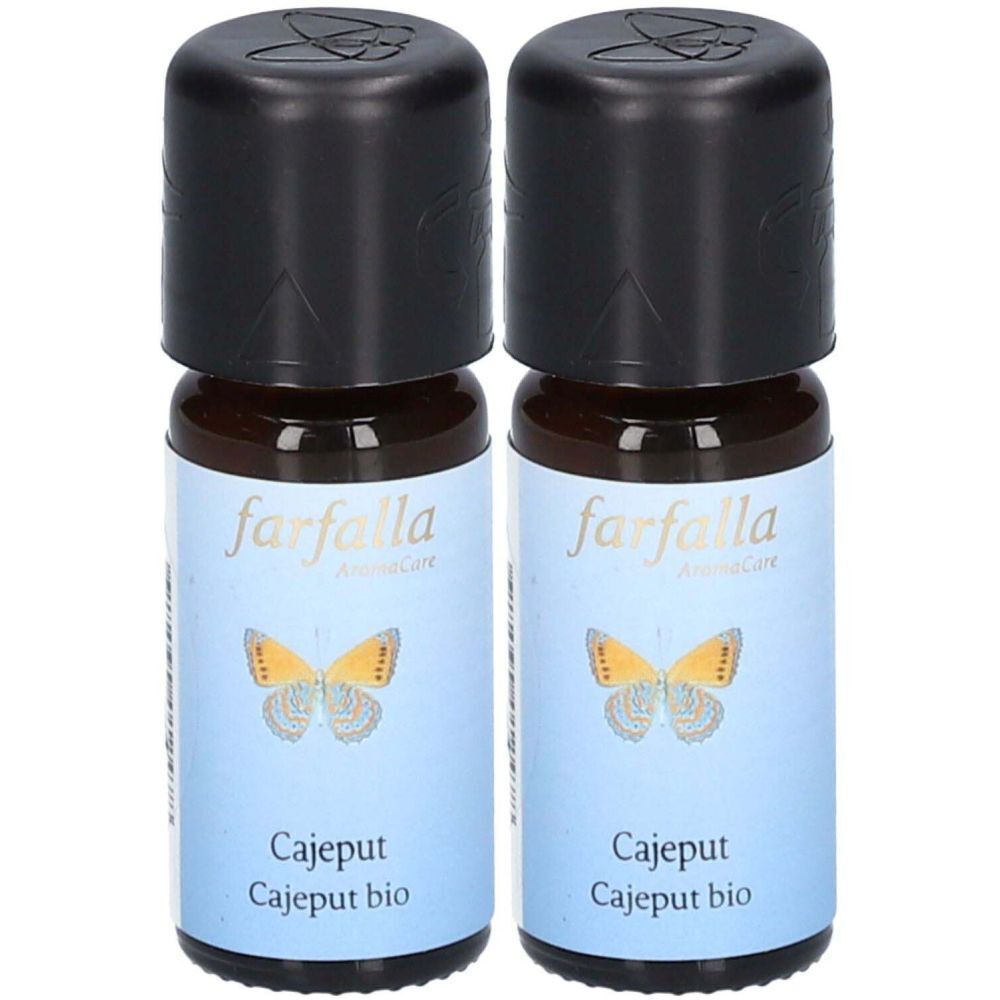 Deux flacons d'huile essentielle farfalla Cajeput. Flacons en verre brun avec bouchons noirs et étiquettes bleues avec motif papillon.