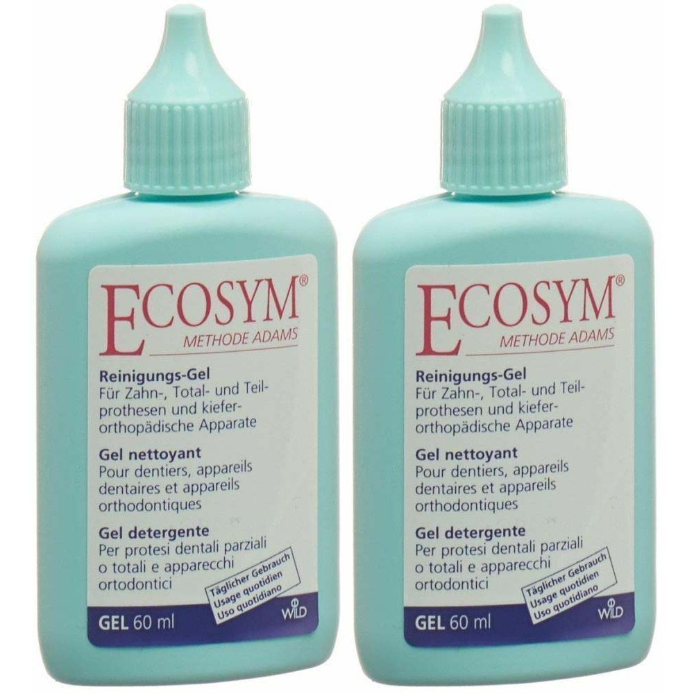 Deux flacons bleu clair de gel nettoyant Ecosym. Inscription : Gel nettoyant pour prothèses dentaires et appareils orthodontiques. 60 ml.