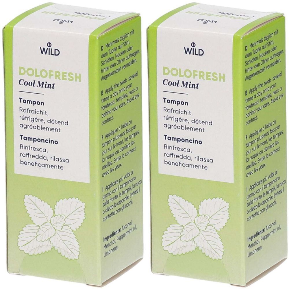 Deux boîtes vertes avec "DOLOFRESH Cool Mint". Texte en allemand, français et italien. Illustration de feuilles de menthe.