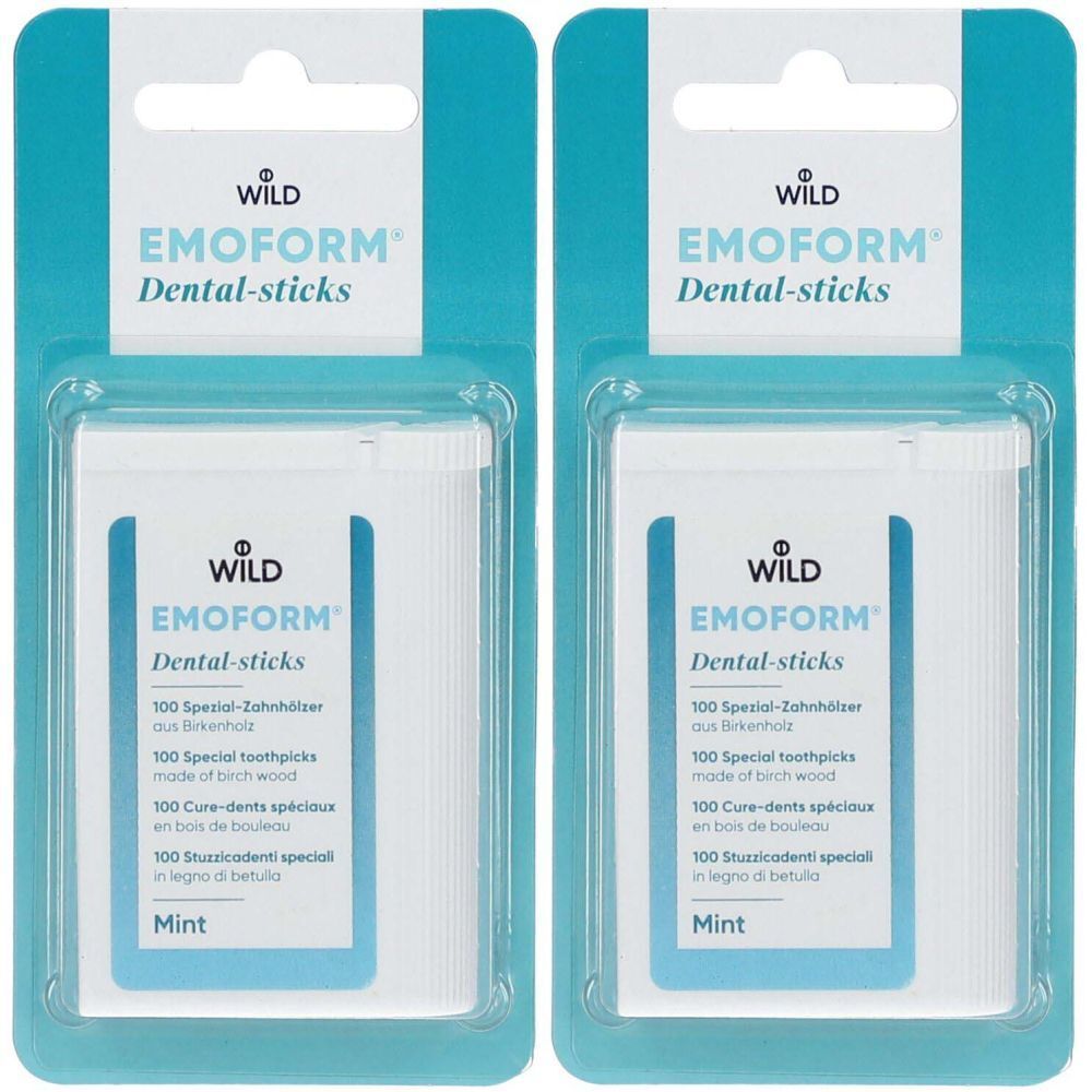 Deux paquets de bâtonnets dentaires EMOFORM. Chaque paquet contient 100 cure-dents en bois de bouleau. Goût menthe.