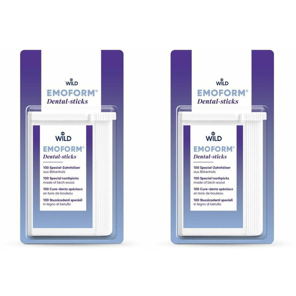 Deux emballages de EMOFORM Dental-sticks. Récipients blancs avec emballage violet. Texte: EMOFORM, Dental-sticks, 100 cure-dents spéciaux.