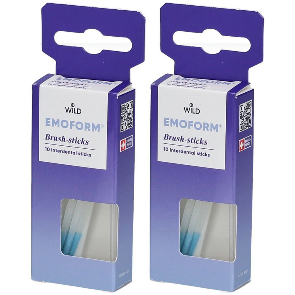 Deux boîtes de EMOFORM Brush-sticks. Chaque boîte contient 10 bâtonnets interdentaires. L'emballage est bleu et blanc avec le nom du produit.