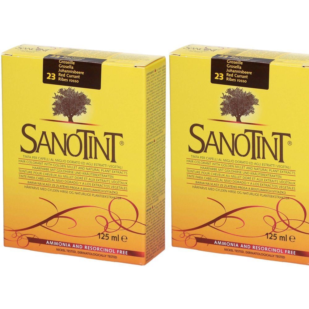 Deux boîtes jaunes SANOTINT avec informations produit. Inscription: 23 Groseille. Sans ammoniaque ni résorcinol.