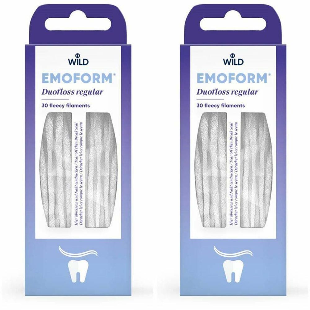 Deux boîtes de EMOFORM Duofloss regular. Emballage bleu avec nom du produit et symbole dentaire. Contient 30 filaments.