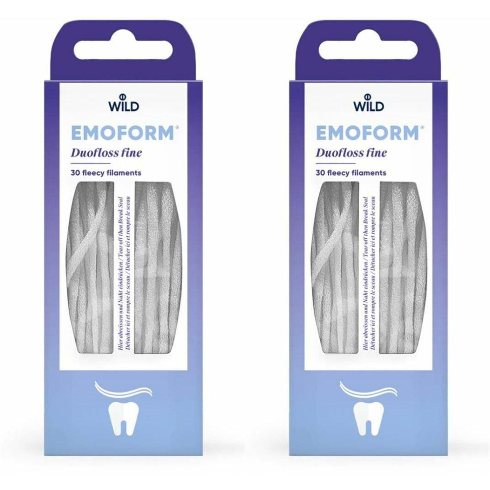 Deux boîtes de EMOFORM Duofloss fine. Inscription : 30 filaments duveteux. Emballage avec crochet et symbole dentaire.