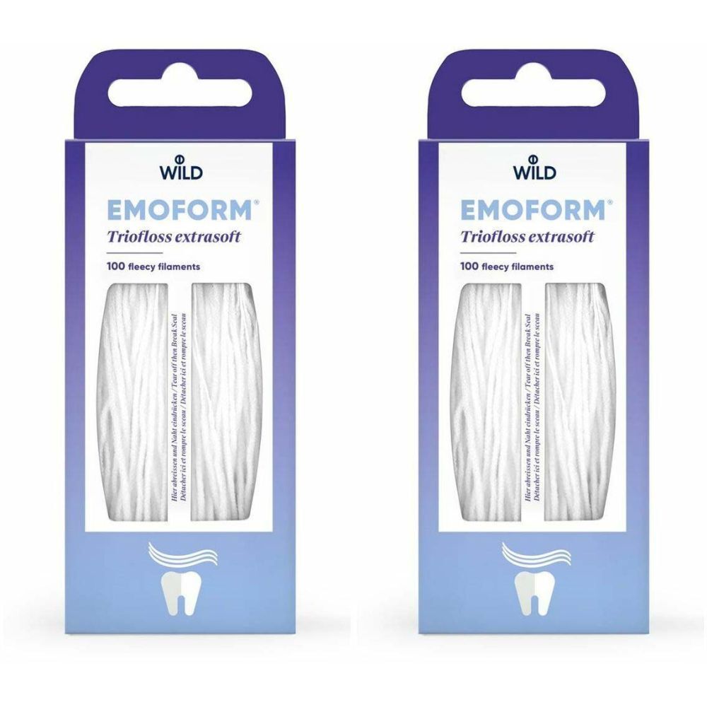 Deux boîtes de EMOFORM Triofloss extrasoft. Emballage bleu avec nom du produit et 100 filaments. Symbole dentaire en bas.