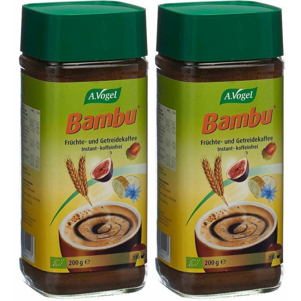 Deux pots de café instantané Bambu. Bouchons verts, étiquettes jaune-vertes avec nom et illustrations. 200g.