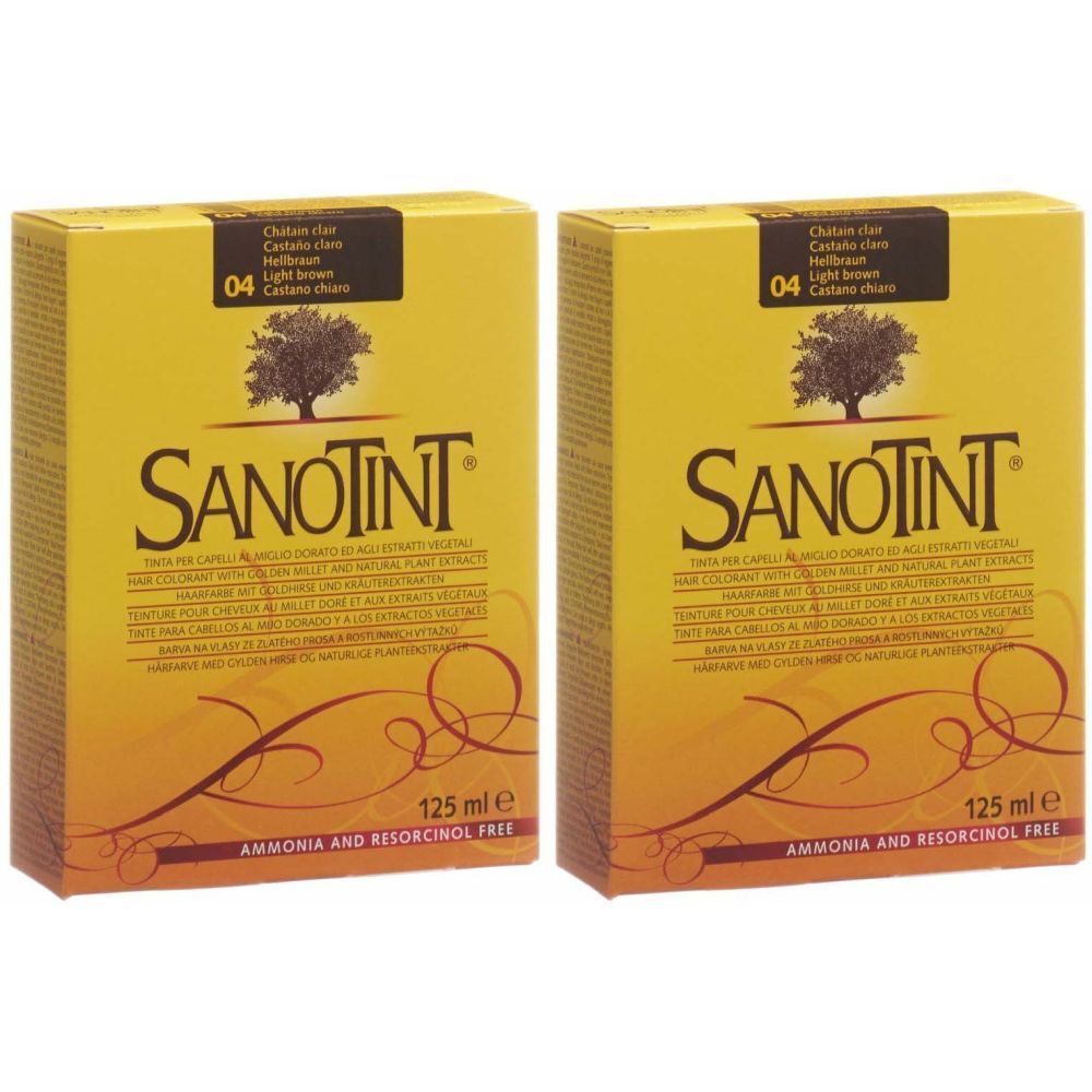 Deux boîtes jaunes SANOTINT, couleur châtain clair 04. Inscription: 125 ml e, Ammonia and Resorcinol Free.