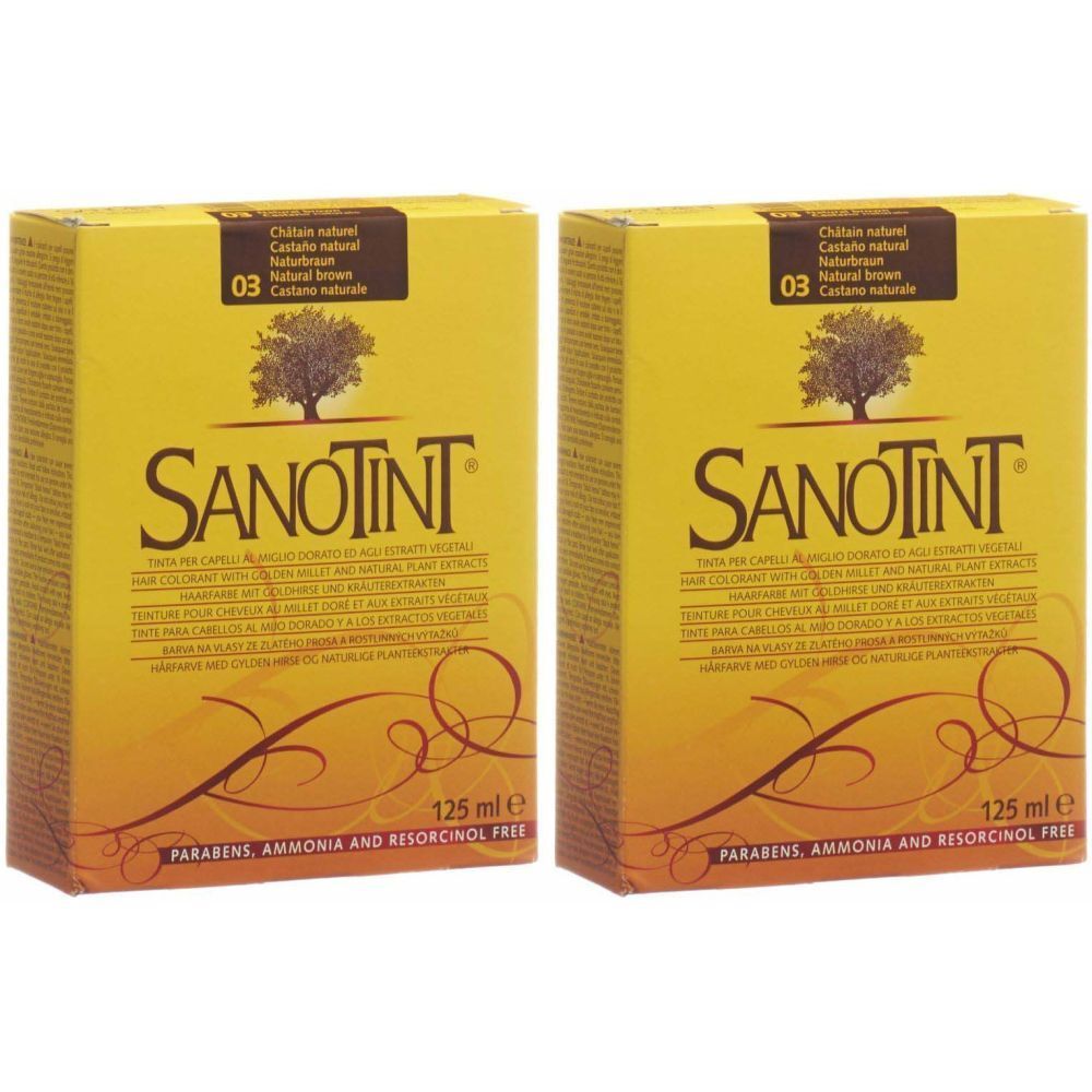 Deux boîtes jaunes SANOTINT. Inscription: Brun naturel 03, 125 ml. Sans parabènes, ammoniaque et résorcinol.
