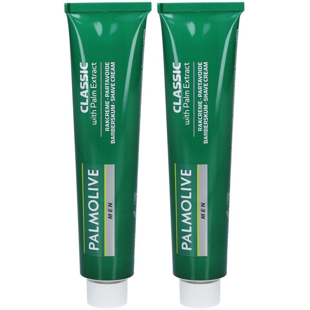 Deux tubes verts de crème à raser. Inscription: Palmolive MEN, Classic with Palm Extract. Texte en allemand, français et anglais.