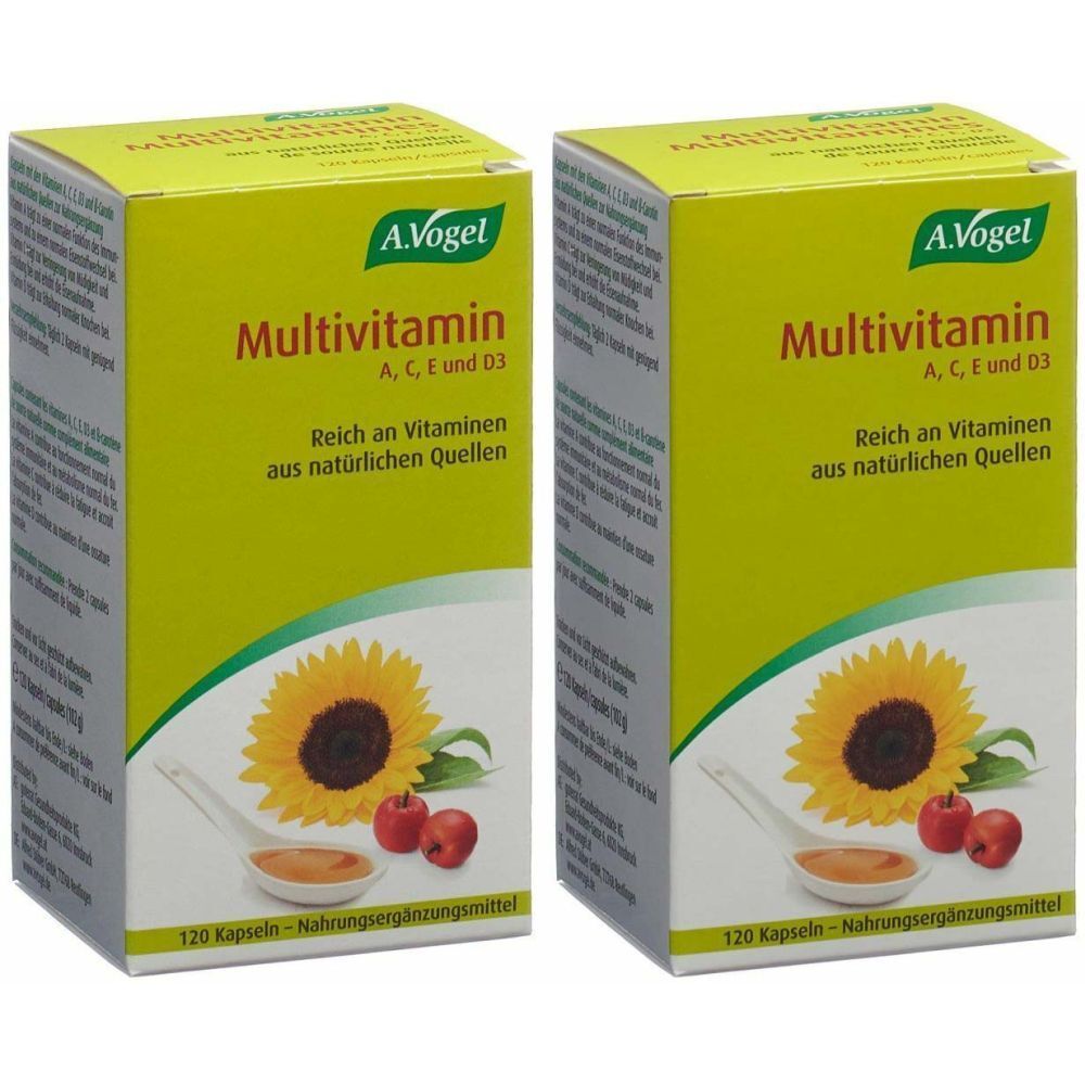 Deux boîtes de A.Vogel Multivitamin. Inscription : A, C, E et D3. Riche en vitamines issues de sources naturelles. Avec tournesol et pommes.