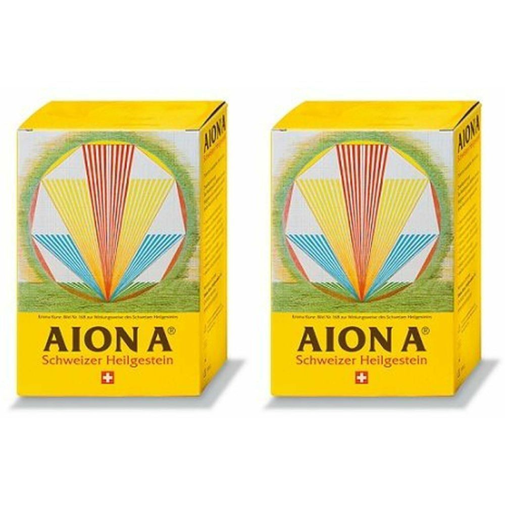 Deux boîtes jaunes avec logo AION A® et croix suisse. Inscription: Schweizer Heilgestein. Design géométrique.