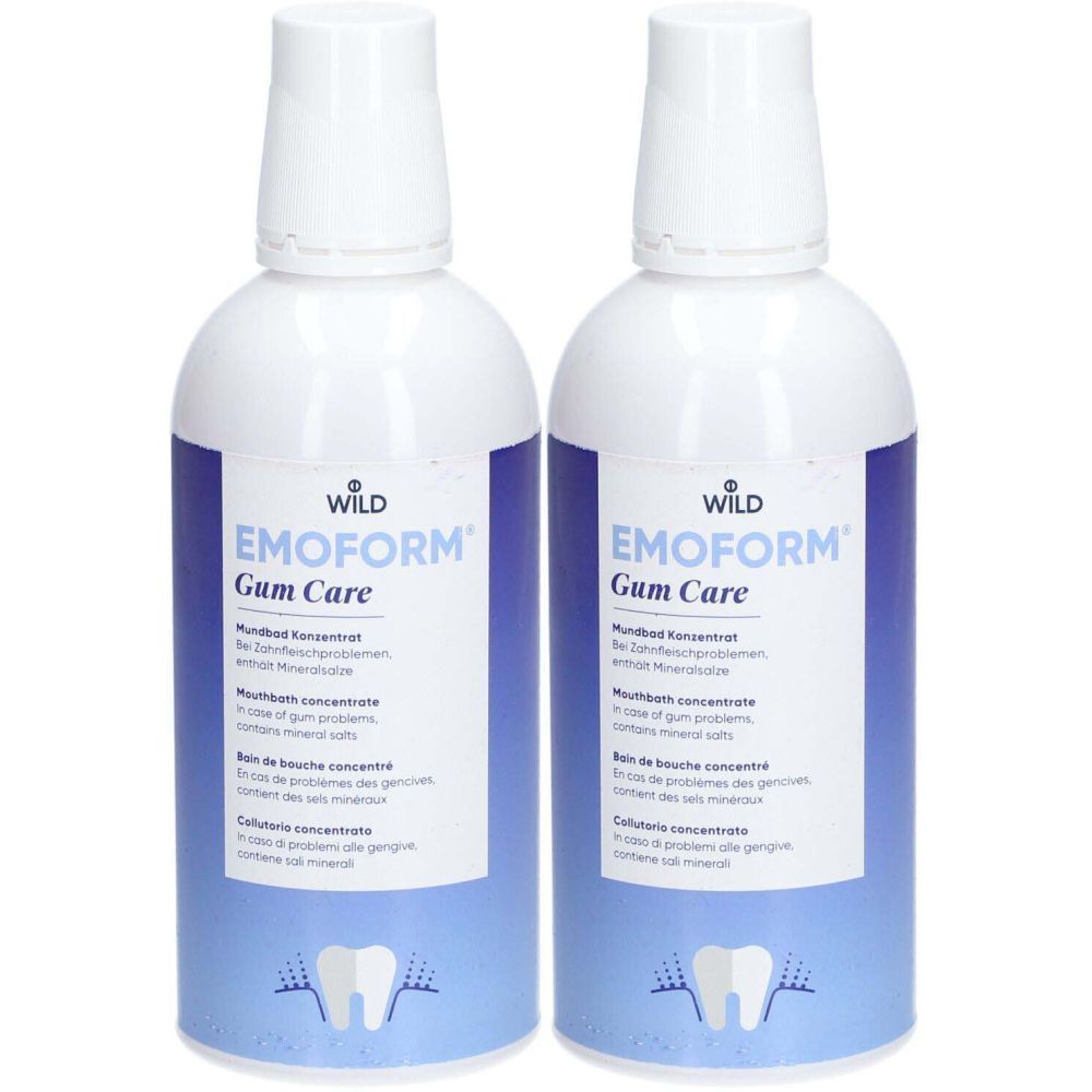 Deux flacons de bain de bouche. Corps de bouteille blanc avec étiquette bleue. Inscription : EMOFORM Gum Care, concentré de bain de bouche.