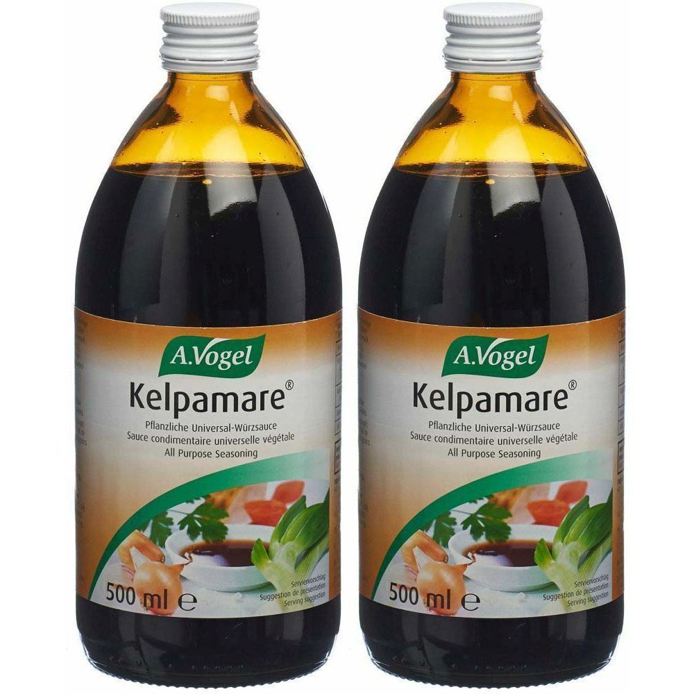 Deux bouteilles de Kelpamare A. Vogel. Liquide brun dans des bouteilles en verre avec bouchon blanc. Étiquette avec nom du produit et informations.