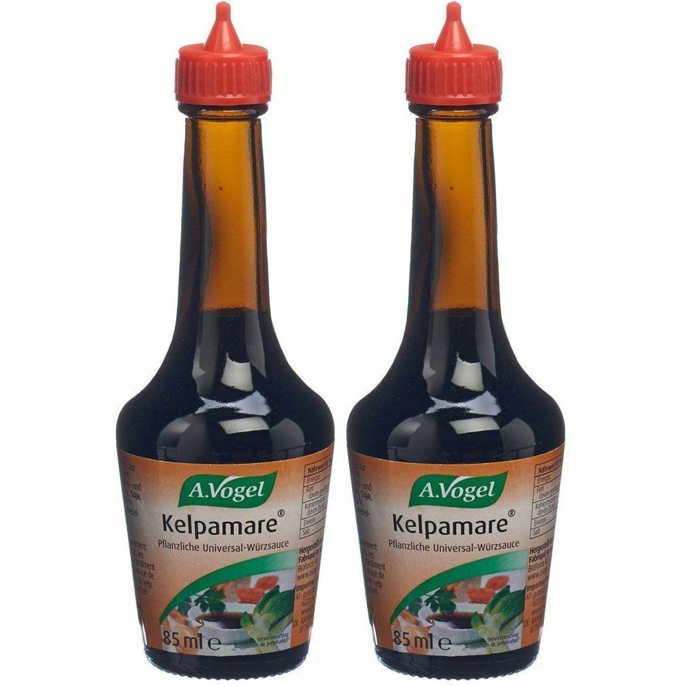 Deux bouteilles de Kelpamare A. Vogel. Bouteilles en verre brun avec bouchon rouge. Inscription : Kelpamare, sauce universelle végétale.