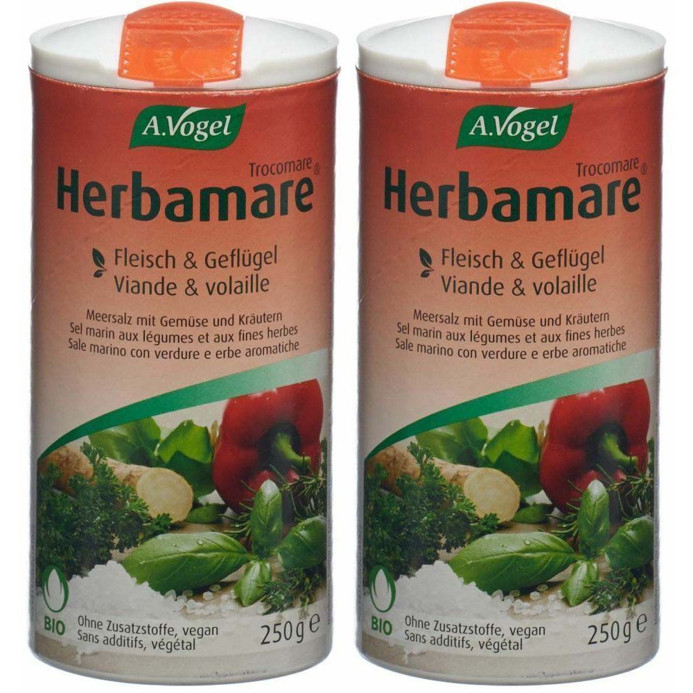 Deux boîtes cylindriques de sel aux herbes Herbamare. Inscription : A. Vogel, Viande & volaille, 250g, Bio. Illustration de légumes et d'herbes.