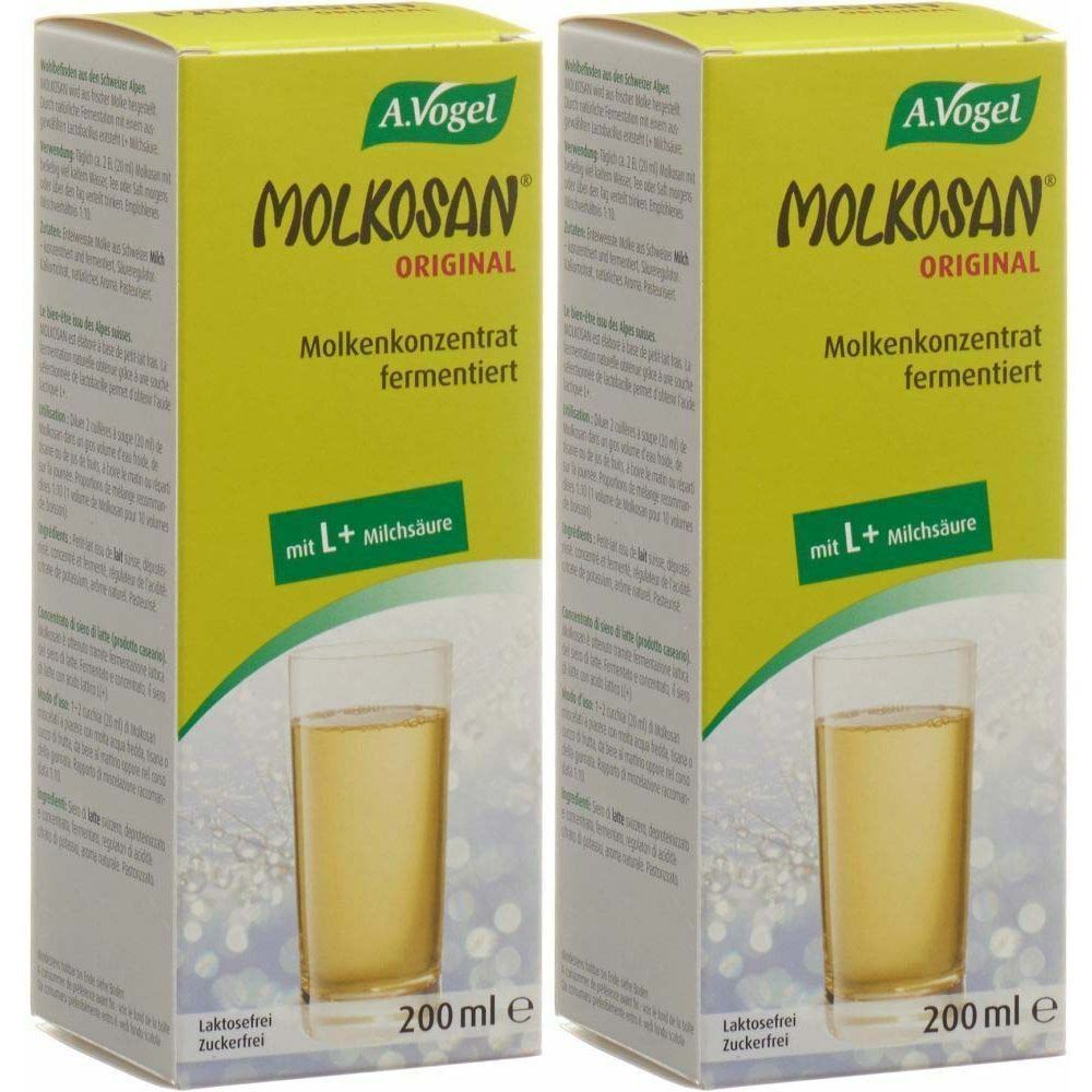 Deux boîtes jaunes avec "MOLKOSAN ORIGINAL" et le logo "A. Vogel". Un verre de liquide est présenté. Texte : "Molkenkonzentrat fermentiert mit L+ Milchsäure".