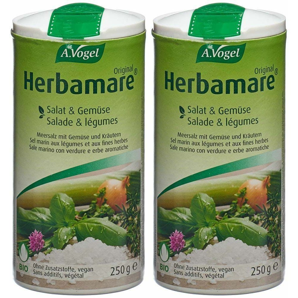 Deux boîtes vertes "Herbamare". Sel marin aux légumes et herbes fines. Certification bio. 250g.