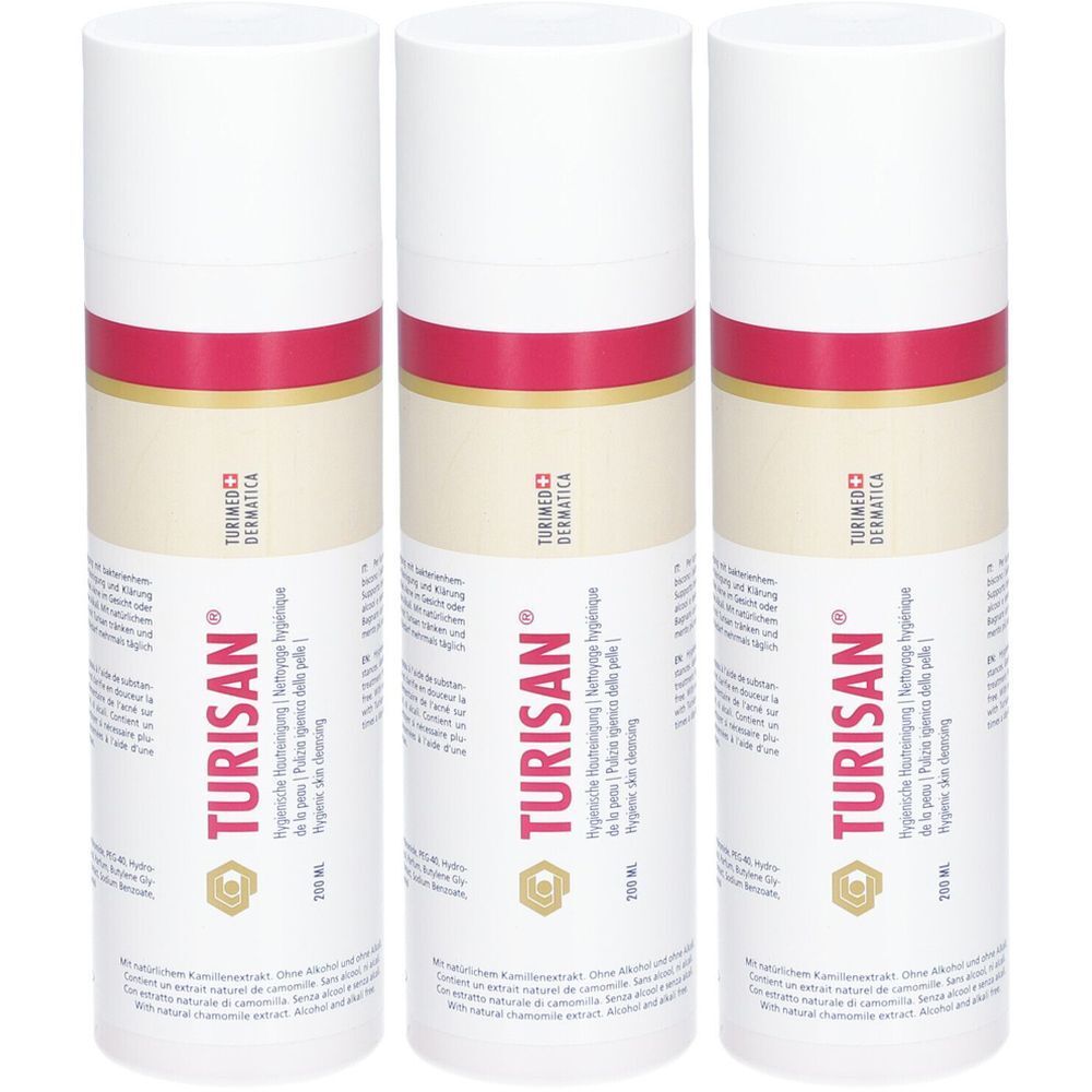 Trois flacons pulvérisateurs blancs avec étiquette rouge et beige. Inscription TURISAN® et TURIMEDICA DERMATICA.