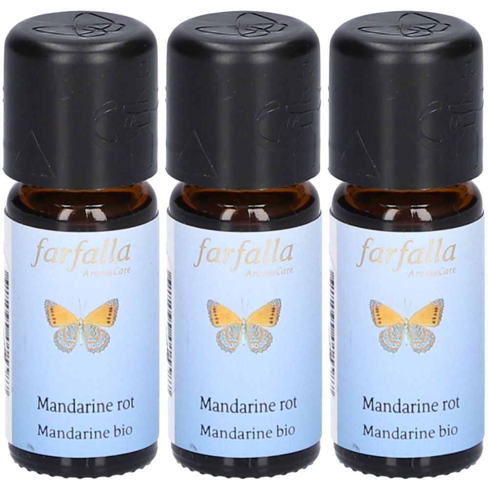 Trois flacons en verre brun avec bouchons noirs. Étiquettes: farfalla, Mandarine rot, Mandarine bio. Image d'un papillon.