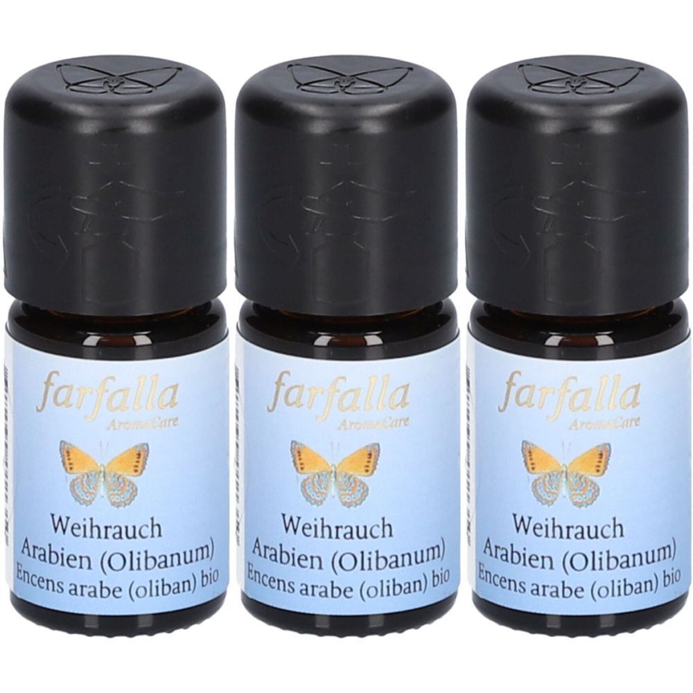 Trois petites bouteilles en verre brun avec des bouchons noirs. Les étiquettes indiquent "farfalla" et "Weihrauch Arabien (Olibanum) bio".