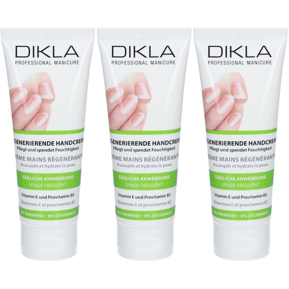 Trois tubes de crème pour les mains. Inscription: DIKLA PROFESSIONAL MANICURE, GENERIERENDE HANDCREME, usage fréquent. Image de mains.