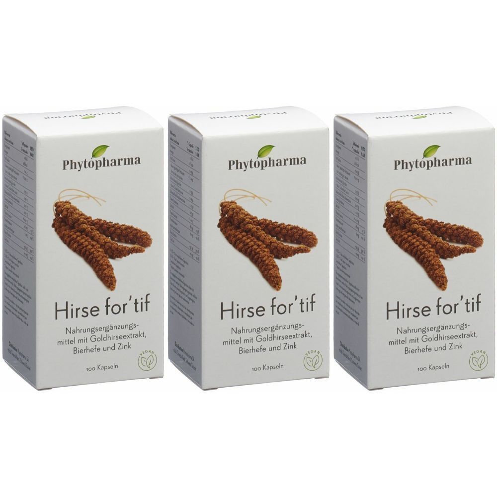 Trois boîtes blanches avec le nom du produit Hirse for'tif. Le logo Phytopharma et une illustration d'épis de millet sont visibles sur chaque boîte.