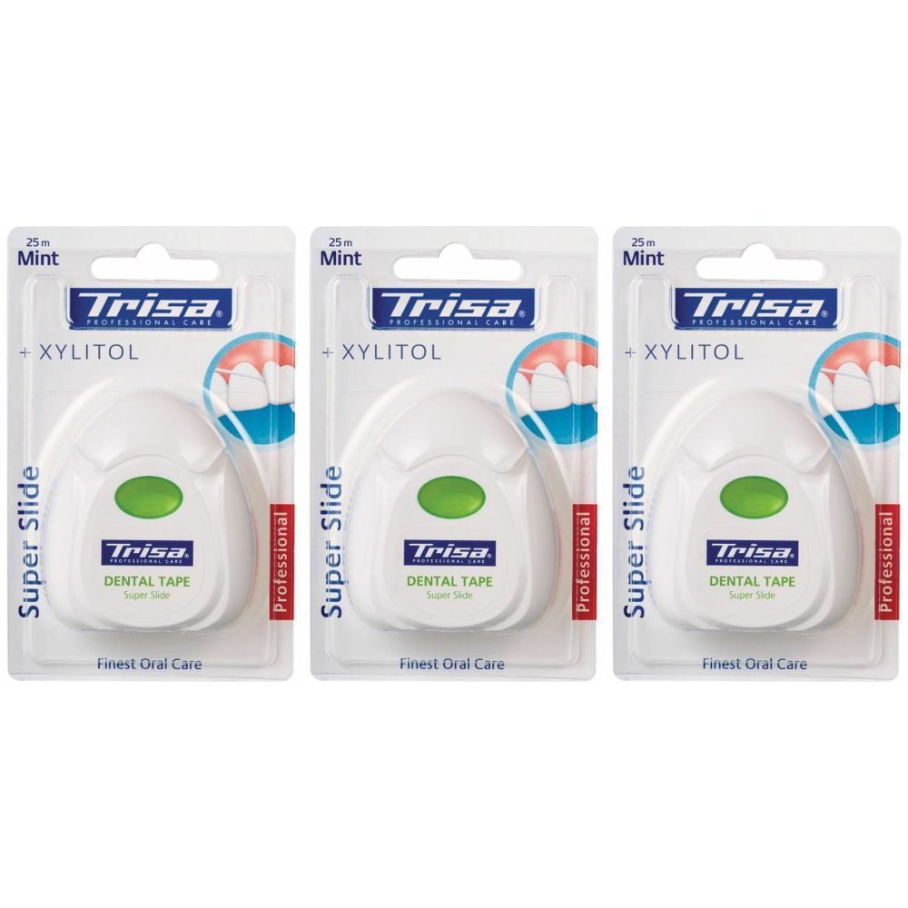 Trois paquets de fil dentaire. Bobines blanches en blister. Inscriptions : Trisa, Xylitol, Dental Tape, Super Slide, Mint.