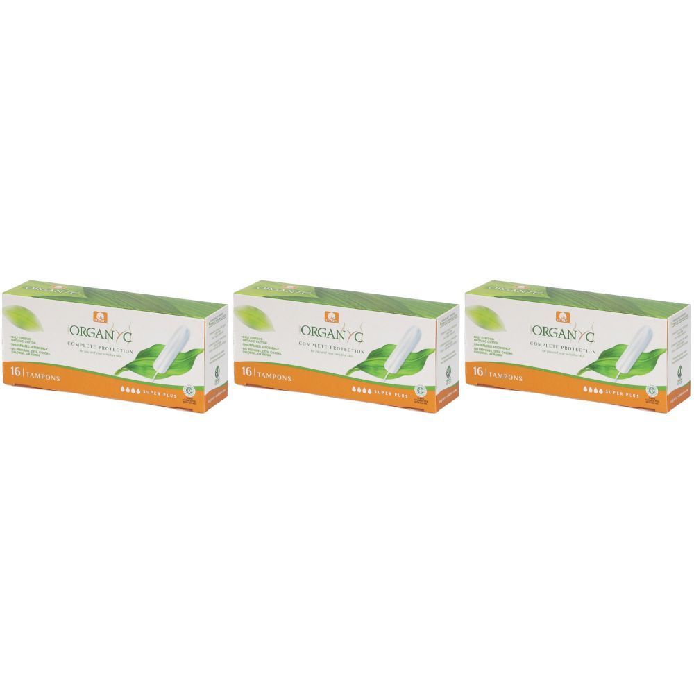 Trois boîtes de tampons ORGANYC. Chaque boîte montre un tampon sur une feuille. Inscription : Super Plus.